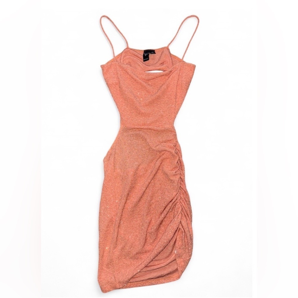Windsor Peach Glitter Bodycon Mini Dress Size XS Cutout Ruched Open Back